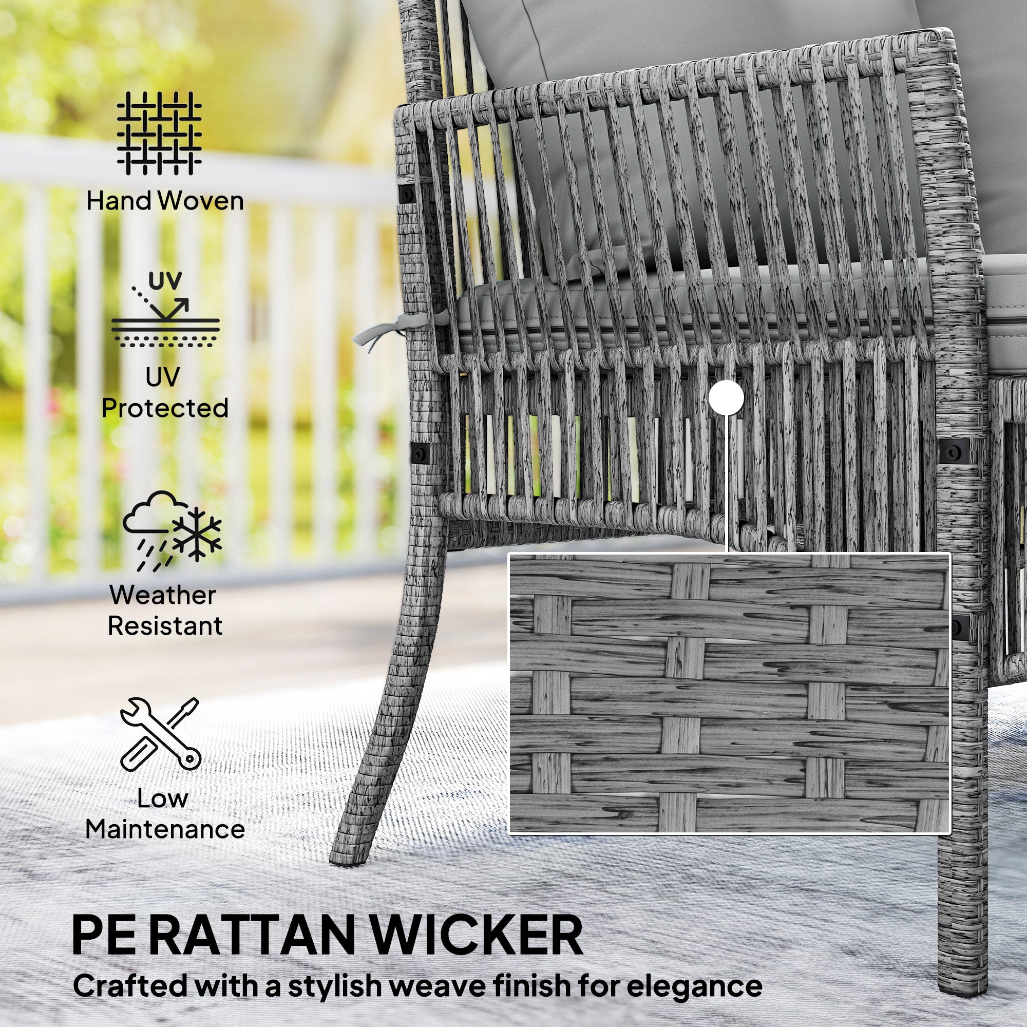 Outsunny 3 Piece Rattan Garden Furniture Corner Sofa Set with Chaise Lounge, Loveseat, Glass Coffee Table, Cushions, Dark Grey 