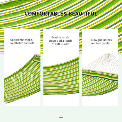Outsunny Double Cotton Hammock Camping Swing Outdoor Garden Beach Stripe Hanging Bed with Pillow 188L x 140W cm, Green 