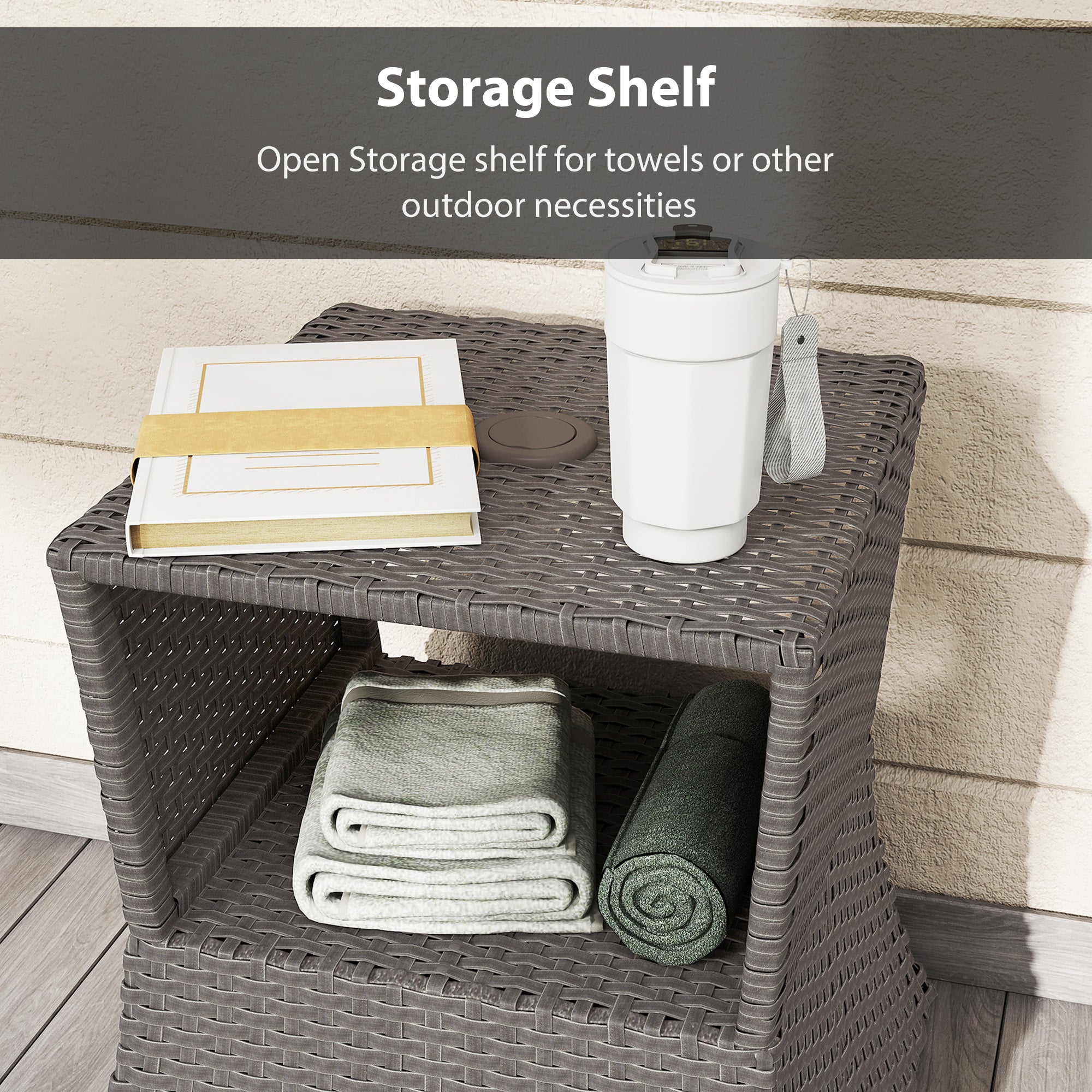 Outsunny Rattan Outdoor Coffee Table, Wicker Garden Patio Bistro Side Table with Umbrella Hole and Storage Space, Dark Grey 