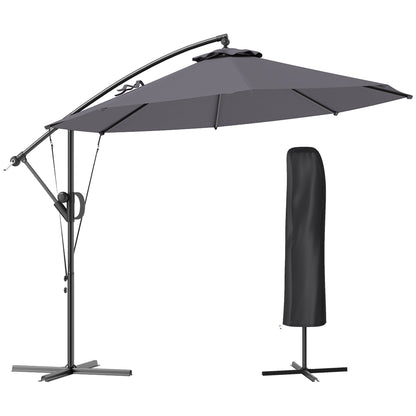 Outsunny 3(m) Garden Cantilever Parasol with Cover and Wind Protection Strap, Round Overhanging Umbrella with Crank Handle and Tilt, Banana Patio Umbrella for Outdoor Sun Shade, UPF50+, Grey 