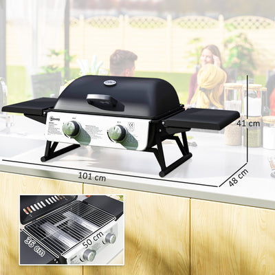 Outsunny 2 Burner Gas BBQ Grill with Foldable Side Tables, Portable Tabletop Gas Barbecue Grill with Built-in Thermometer, Lid, Grease Tray for Garden Party Camping Picnic Outdoor Cooking 5.6KW, Black 