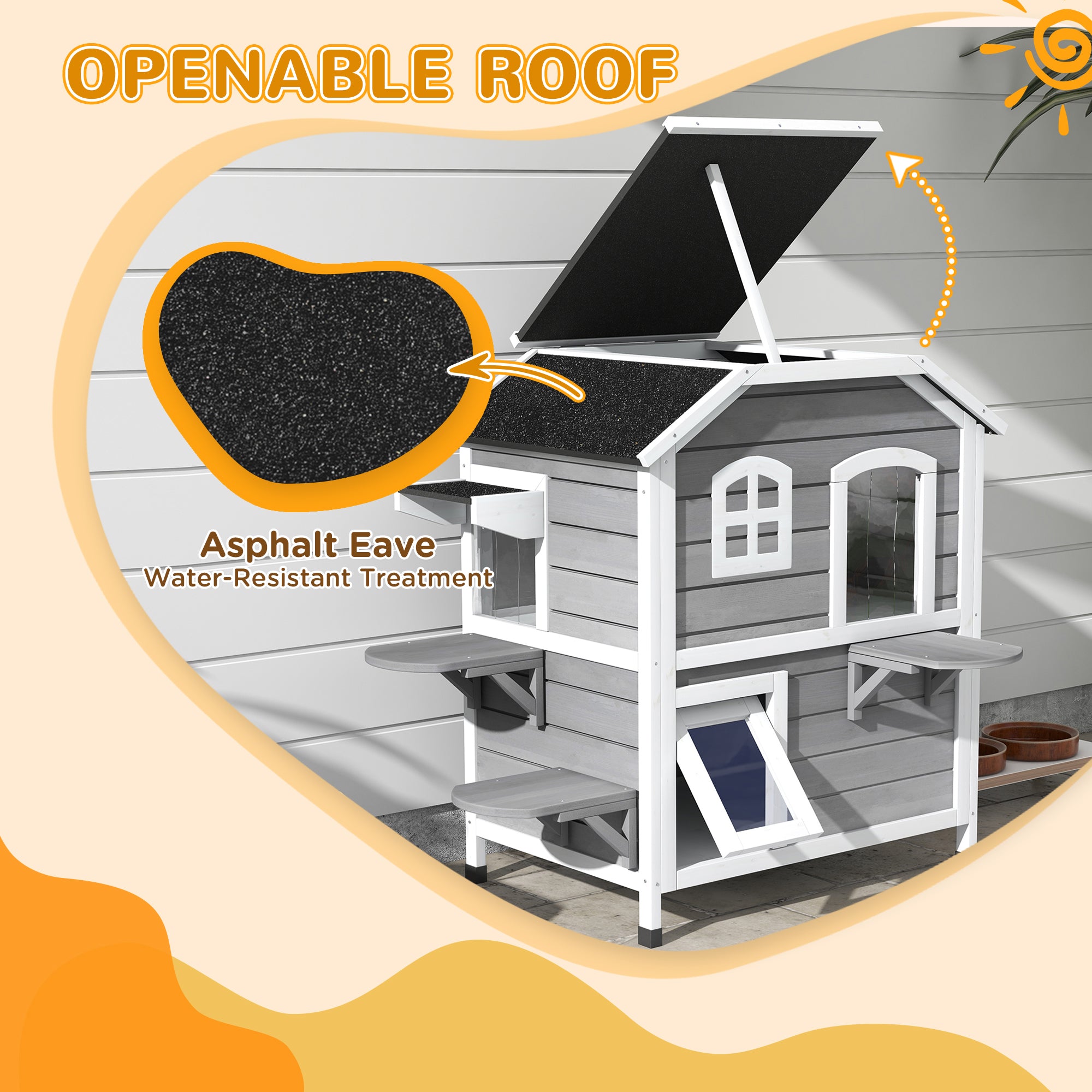 PawHut 2-story Cat House Outdoor, Weatherproof Wooden Cat Enclosure for Feral Cats with Escape Door, Openable Roof, Jumping Platforms, Grey 