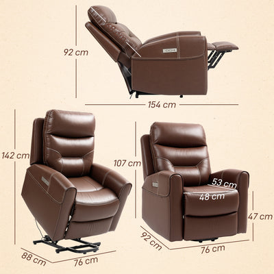 HOMCOM Power Lift Recliner Chair for Elderly, Overstuffed Faux Leather Riser and Reclining Chair with USB A+C Ports, Remote Control, Recliner Armchair for Living Room, Brown 