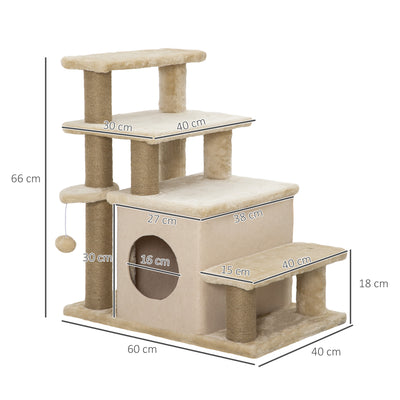 PawHut Adjustable Cat Steps, with House & Hanging Toy Ball - Beige 