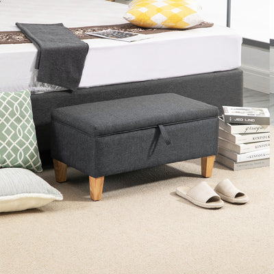 HOMCOM Linen Storage Ottoman Padded Footstool with Rubberwood Legs for Storage Box, Bed End, Shoe Bench, Seating, Dark Grey 