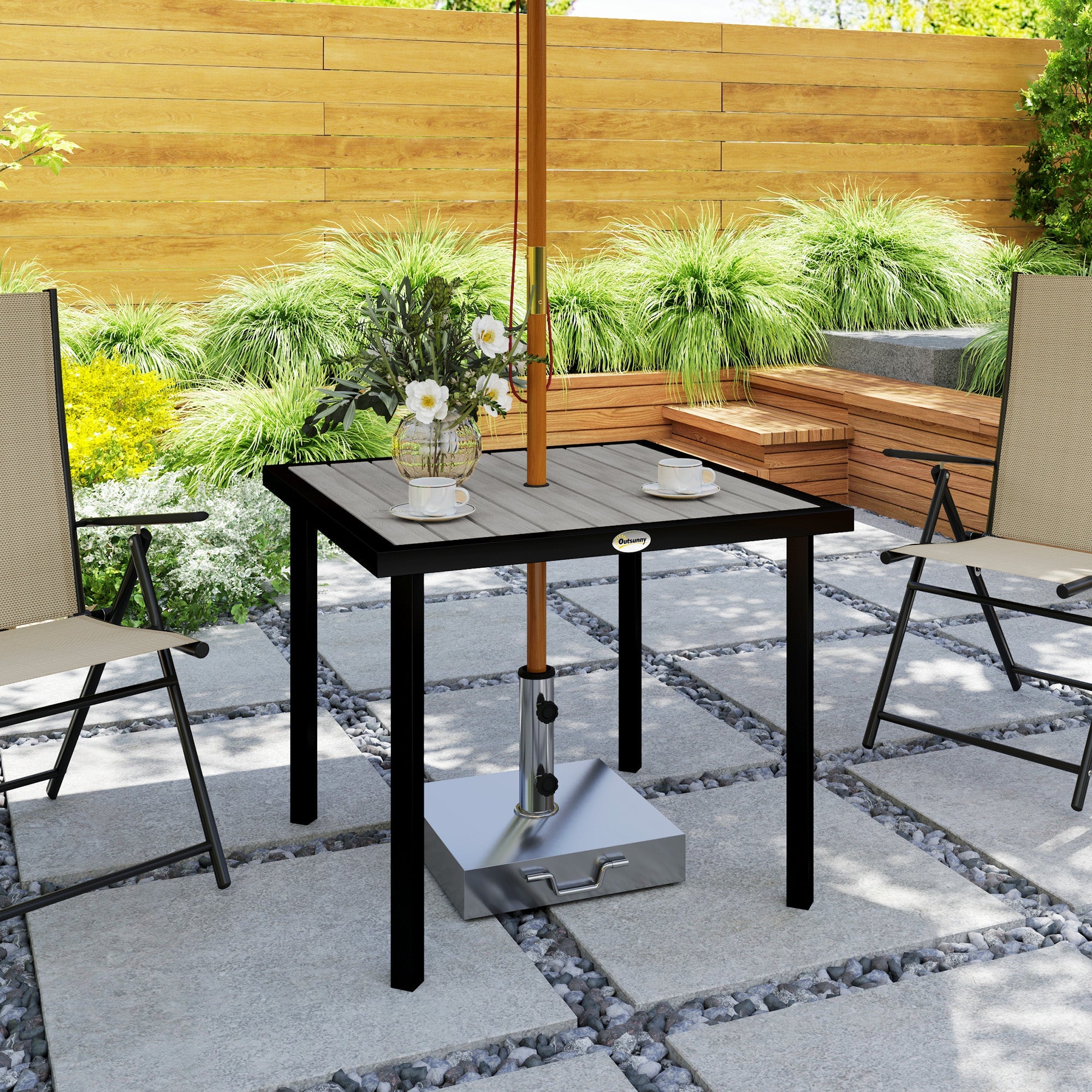 Outsunny Square Garden Dining Table with 5.4cm Parasol Hole, Slatted Top, Metal Frame, 86 x 86 x 71 cm, Light Grey 