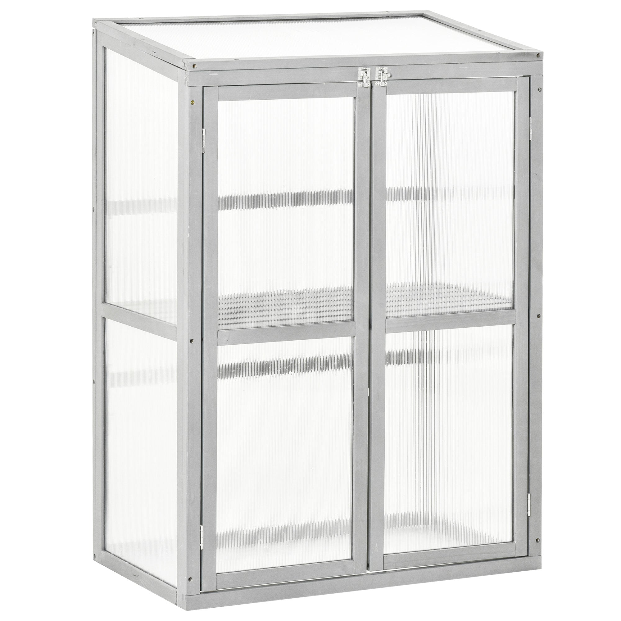 Outsunny Wooden Cold Frame Greenhouse Polycarbonate Garden Grow House for Flower Vegetable Plants with Adjustable Shelf, Double Doors, 76 x 47 x 110cm, Light Grey 