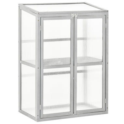 Outsunny Wooden Cold Frame Greenhouse Polycarbonate Garden Grow House for Flower Vegetable Plants with Adjustable Shelf, Double Doors, 76 x 47 x 110cm, Light Grey 