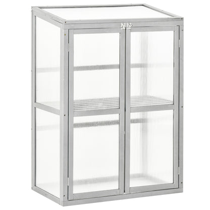 Outsunny Wooden Cold Frame Greenhouse Polycarbonate Garden Grow House for Flower Vegetable Plants with Adjustable Shelf, Double Doors, 76 x 47 x 110cm, Light Grey 