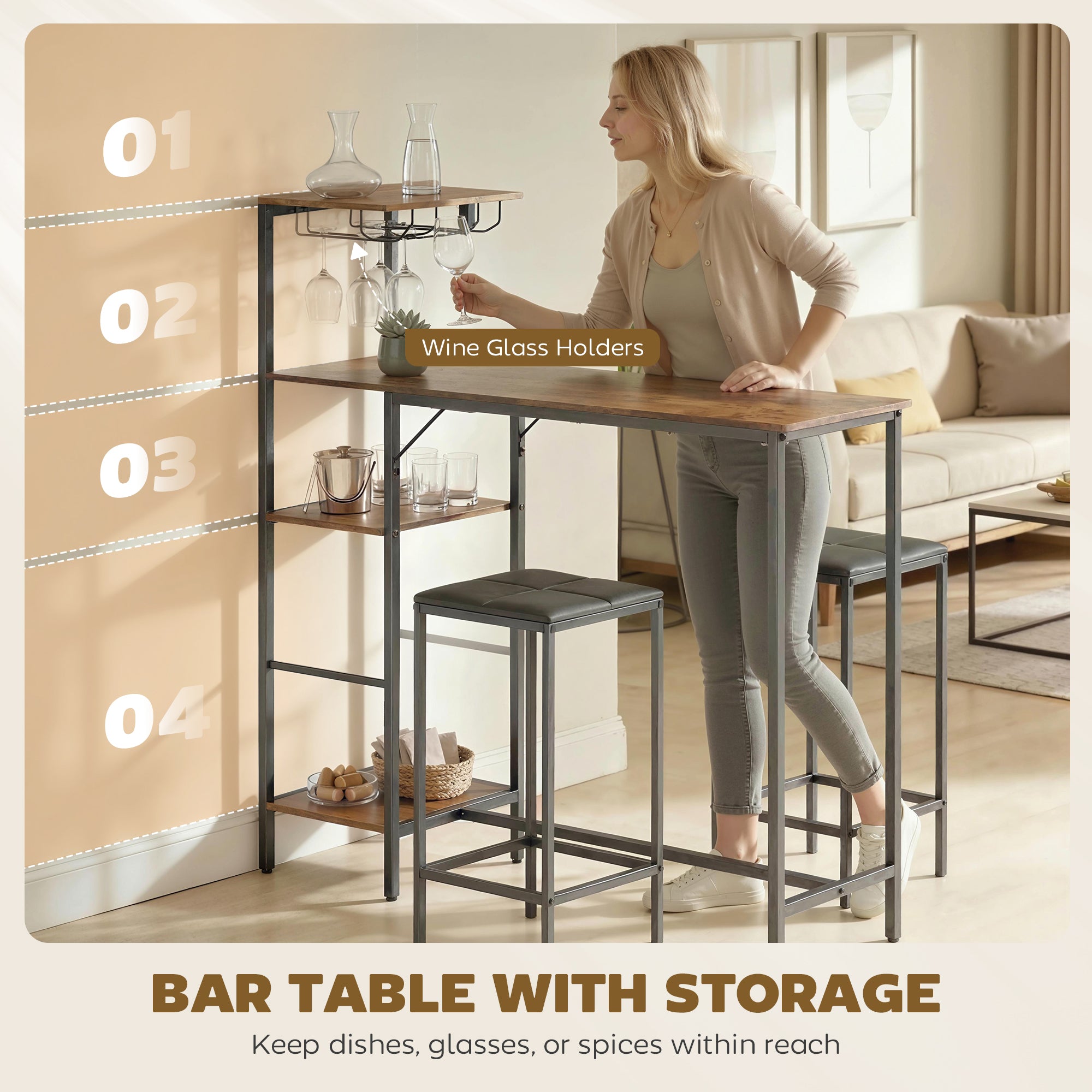 HOMCOM 3 Piece Breakfast Bar Table and Stools Set, Rustic Brown 