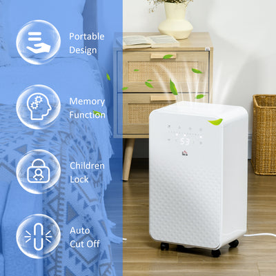 HOMCOM 2000mL Portable Dehumidifier with Air Purifier, 24H Timer, 5 Modes, 10L/Day, for Home Laundry, White 
