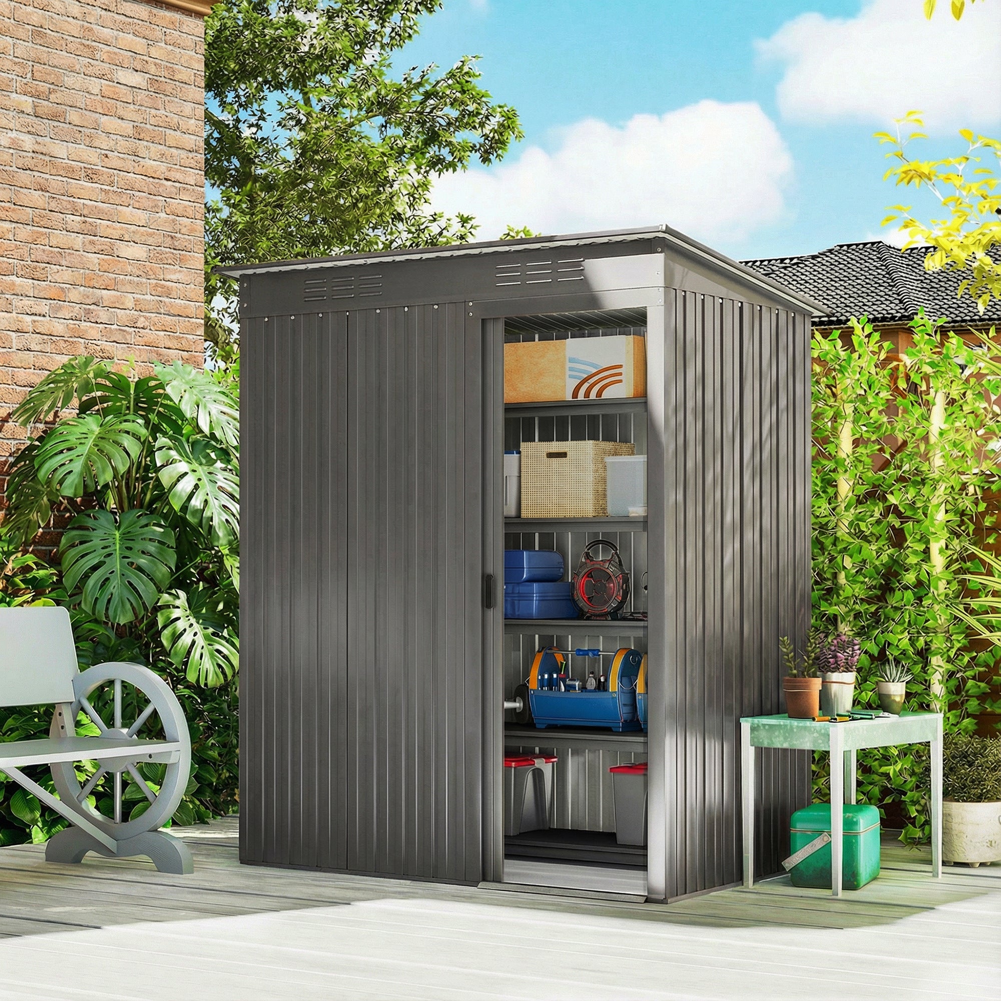 Outsunny 5 x 3.5ft Metal Garden Storage Shed with Effortless Assembly and 2 Pairs of Gloves, Waterproof Outdoor Shed, Light Grey 