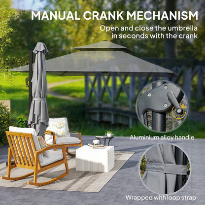 Outsunny 3 x 3(m) Cantilever Parasol with Aluminium Frame, Crank and Tilt, 360\'c2\'b0 Rotation, Double Top Garden Umbrella with Base and Cover, Light Grey