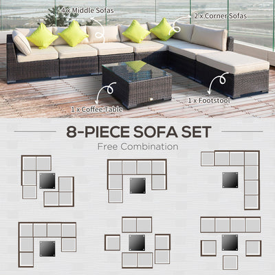 Outsunny 8 Pieces PE Rattan Corner Sofa Set with Thick Cushions, Aluminium Outdoor Rattan Garden Furniture Set with Glass Top Table, No Assembly Required, Mixed Brown 