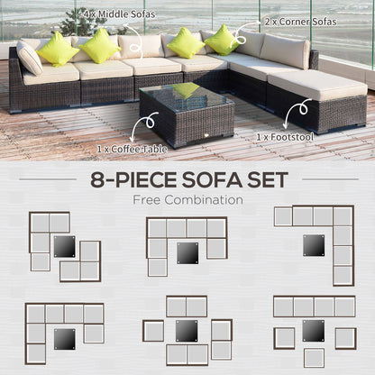 Outsunny 8 Pieces PE Rattan Corner Sofa Set with Thick Cushions, Aluminium Outdoor Rattan Garden Furniture Set with Glass Top Table, No Assembly Required, Mixed Brown 