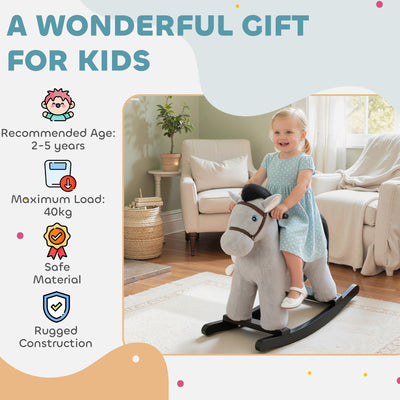 AIYAPLAY Baby Rocking Horse, Plush Ride on Toy with Handle Grip, Sound and Doll, Toddler Animal Rocker for Kids Aged 2-5, Grey 