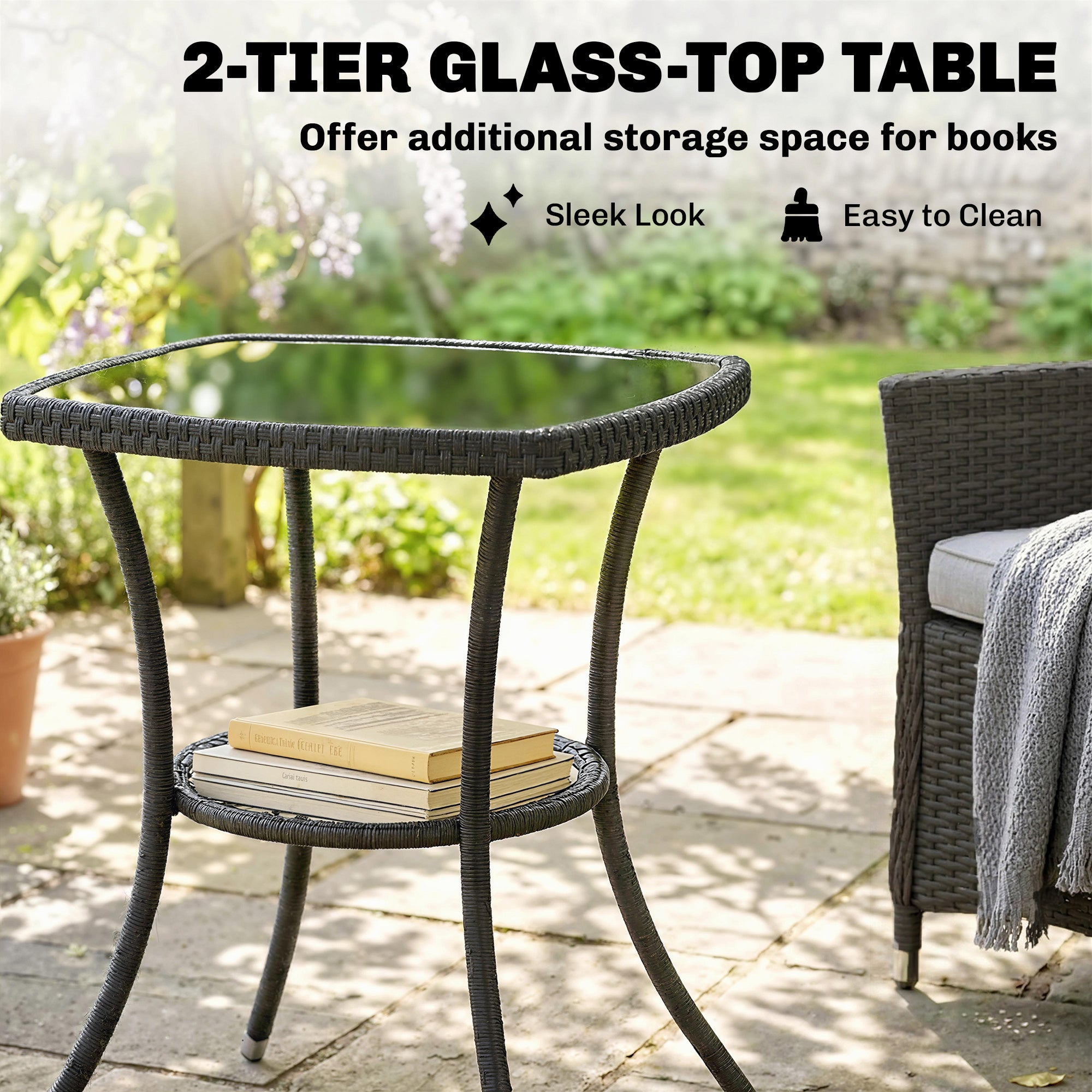 Outsunny 3 Piece Rattan Bistro Set, PE Wicker Garden Furniture Conversation Set with 2 Tier Glass-Top Table, Chairs, Cream White 