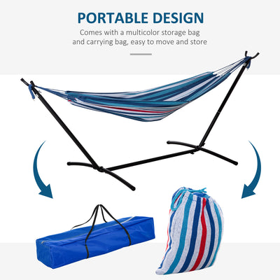 Outsunny 298 x 117cm Hammock with Stand Camping Hammock with Portable Carrying Bag, Adjustable Height, 120kg Load Capacity, White Stripe 