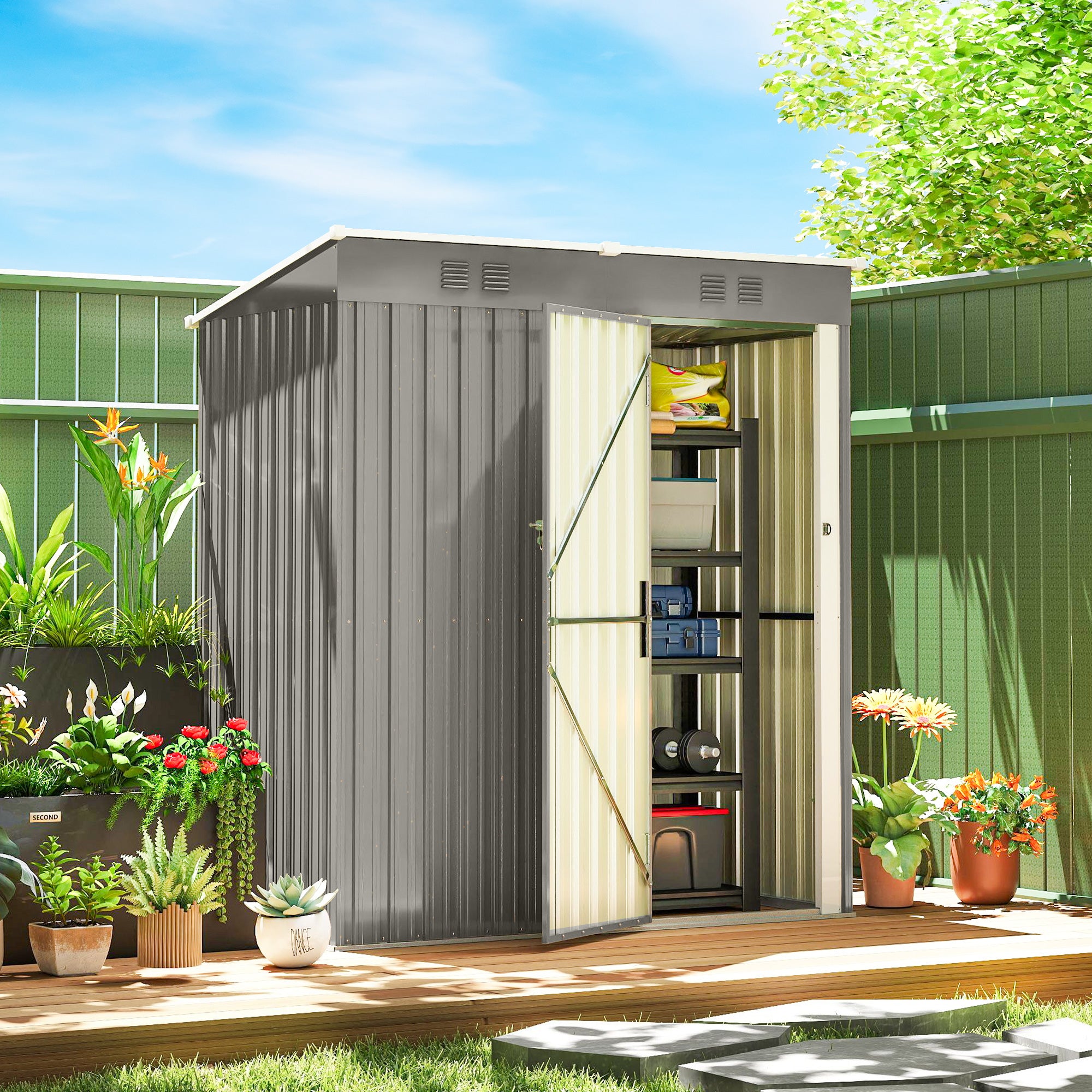 Outsunny 5 x 3 ft Lean-to Garden Shed, Outdoor Storage Shed with Lockable Door and Vents, Light Grey 