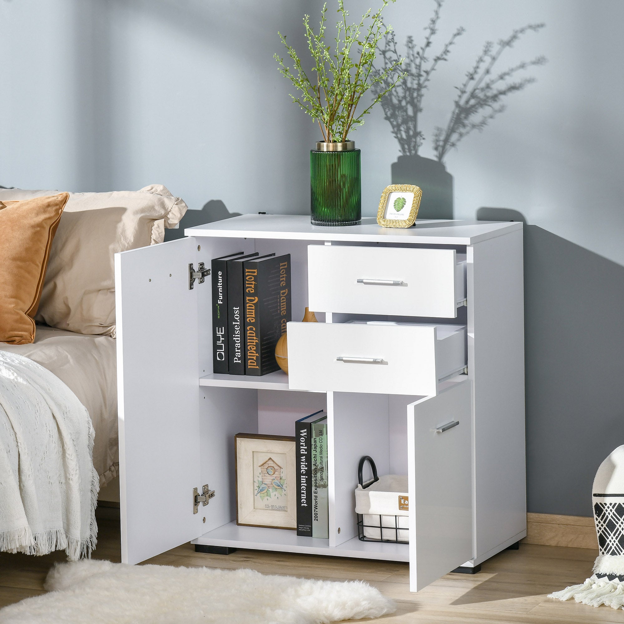 HOMCOM Modern High Gloss Sideboard Storage Cabinet Table Chest of Drawers for Bedroom Living Room Storage Furniture, White 