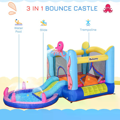 Outsunny Bounce Castle Inflatable Trampoline Slide Pool Octopus Design 3.8 x 2 x 1.8m 