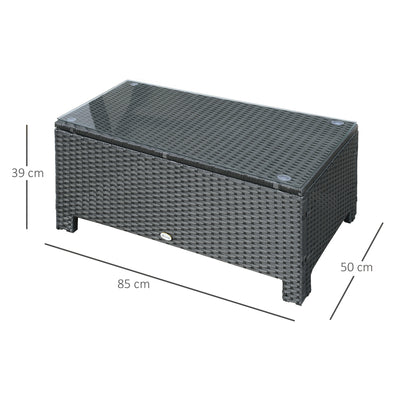 Outsunny PE Rattan Coffee Table, Rectangular Outdoor Coffee Table with Tempered Glass Top, 70 KG Capacity for Garden, Balcony, Terrace, Patio, Black 