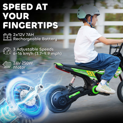 AIYAPLAY Kids Electric Motorbike, 24V Ride On Motorcycle with 3 Speeds and Rear Suspension, Dirt Bike for 8-12 Years Old, Green 