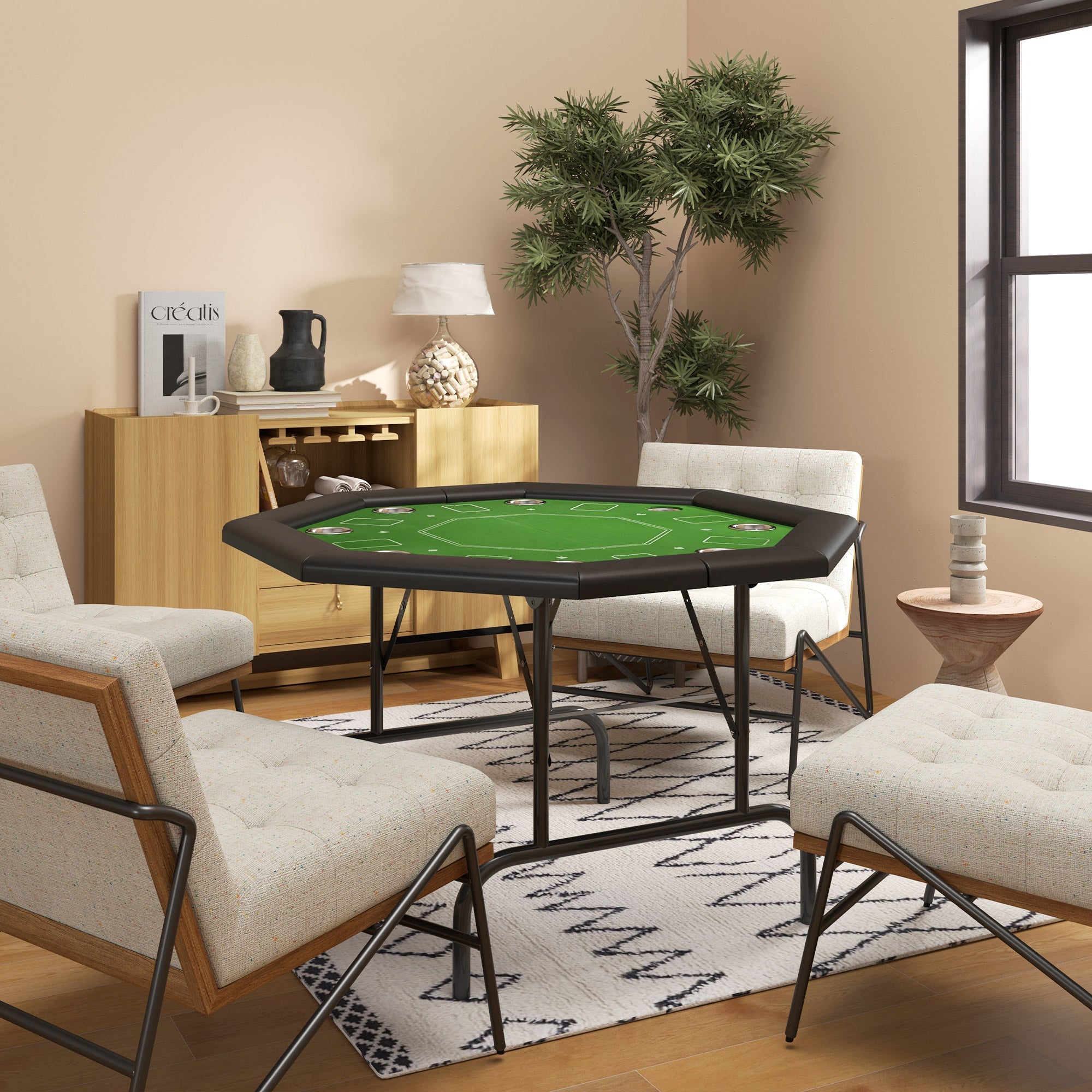 SPORTNOW 8 Player Folding Poker Table, Portable Octagon Blackjack Table with Cup Holders with Cup Holders, Padded Edge, Green 