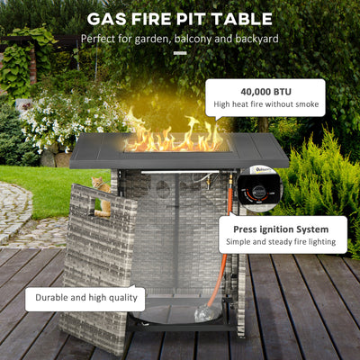 Outsunny Outdoor PE Rattan Gas Fire Pit Table, Patio Square Propane Heater with Rain Cover, Mesh Lid and Lava Stone, 40,000 BTU, Mixed Grey 