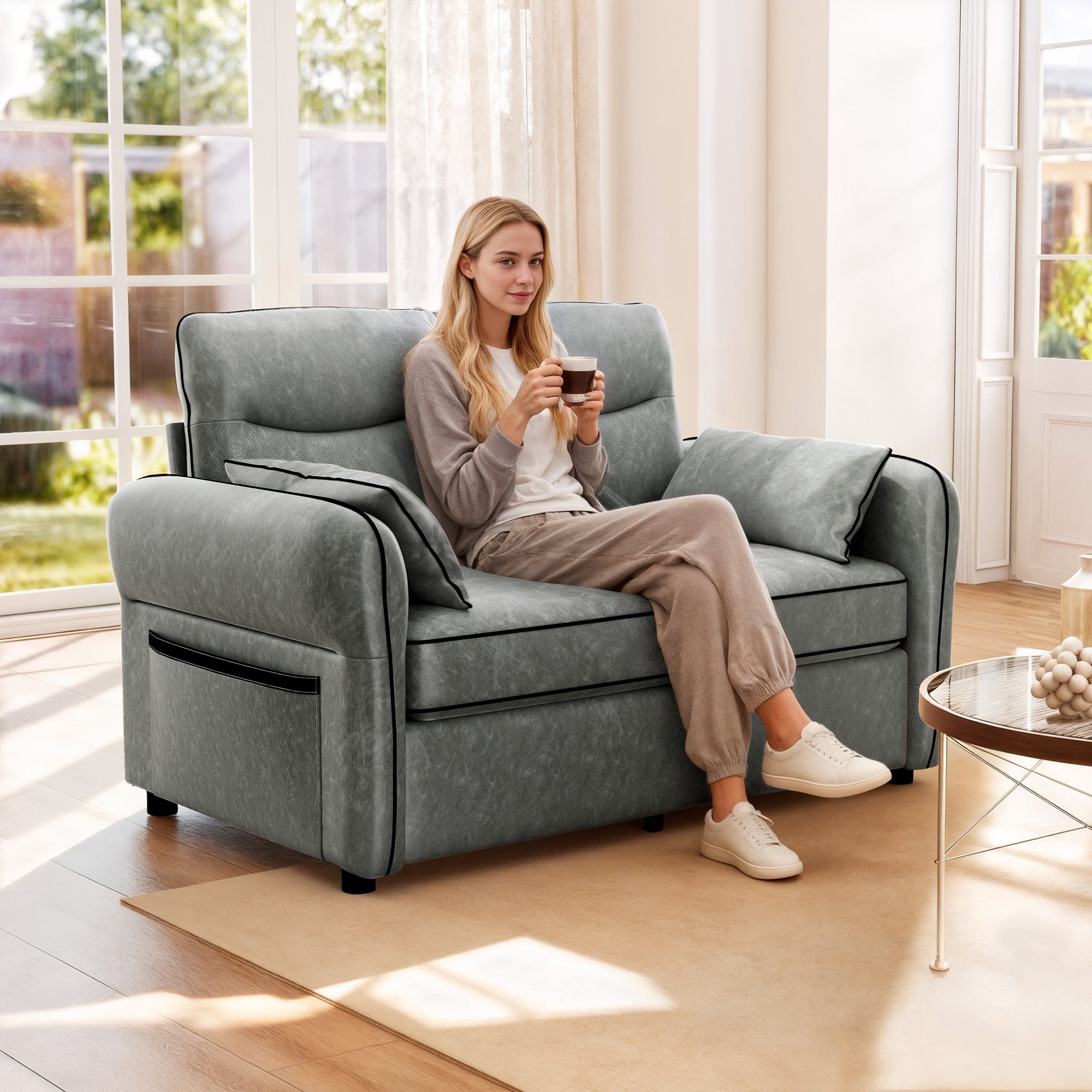 HOMCOM 2 Seater Sofa, Faux Leather Loveseat - Grey 