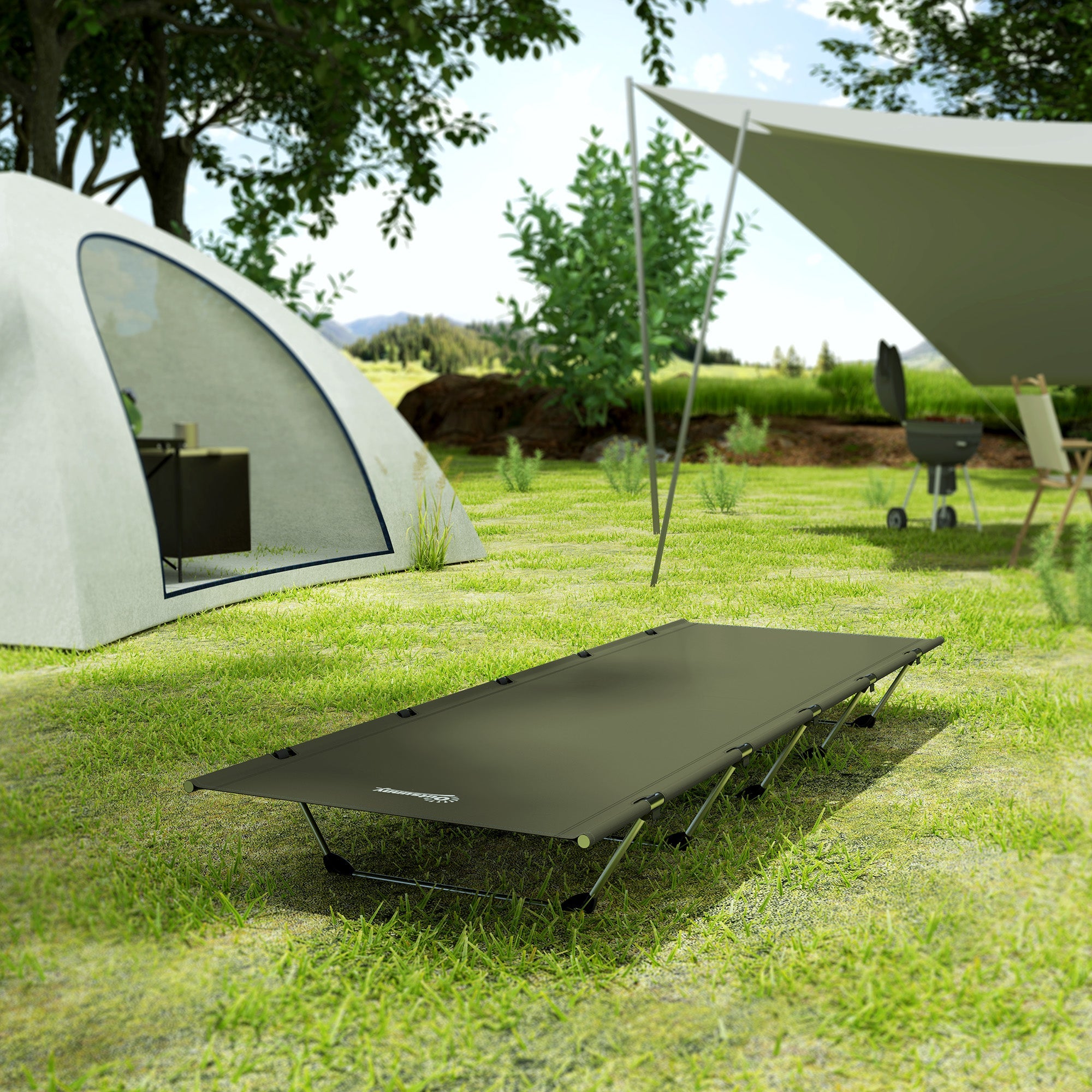 Outsunny Lightweight Camping Bed, Aluminium Portable Camp Cot w/ Strong Support 150kg and Carry Bag for Camping, Dark Green 