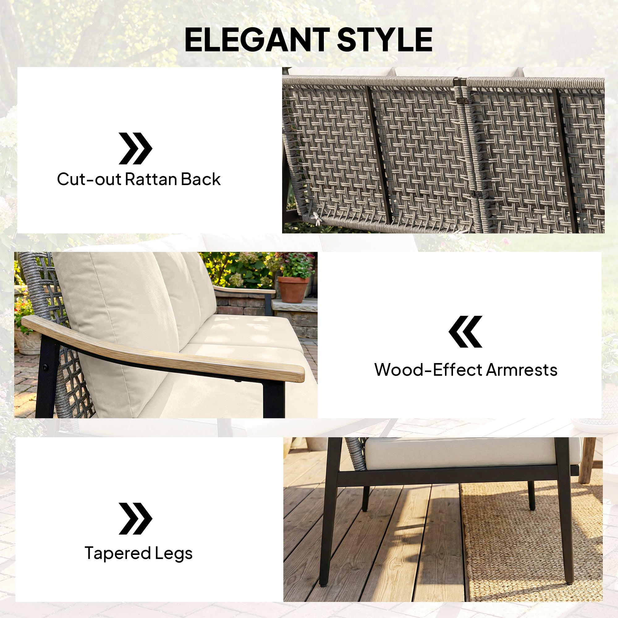 Outsunny 3 Seater Rattan Sofa, Outdoor Garden Sofa with Wood-Effect Armrests, Cushions for Patio, Balcony, Khaki 