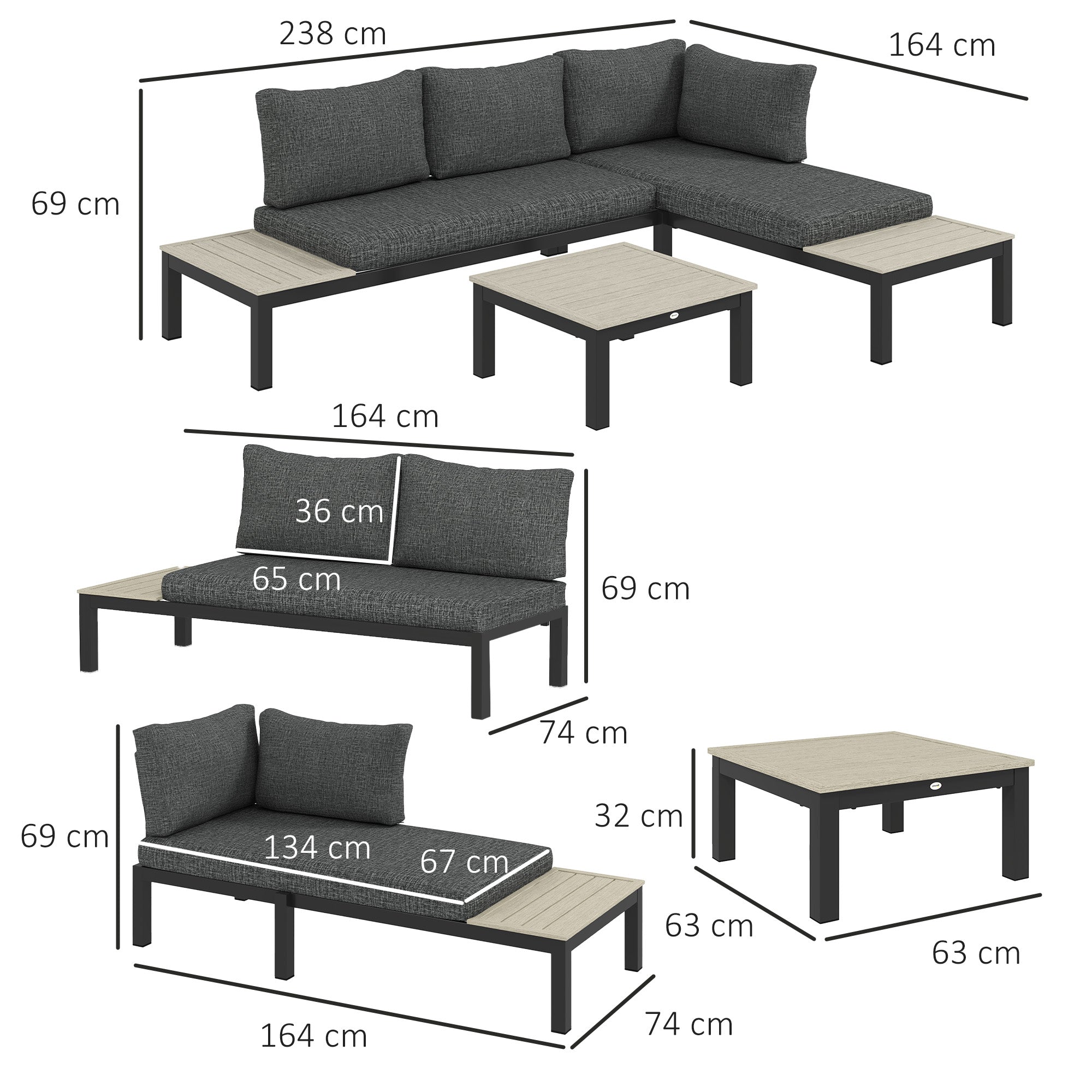 Outsunny 3 Pieces Garden Furniture Set, Aluminium 4 Seater Corner Sofa Set with 2 Loveseats, Coffee Table and Side Trays, Outdoor Conversation Furniture with Cushions for Garden, Dark Grey 