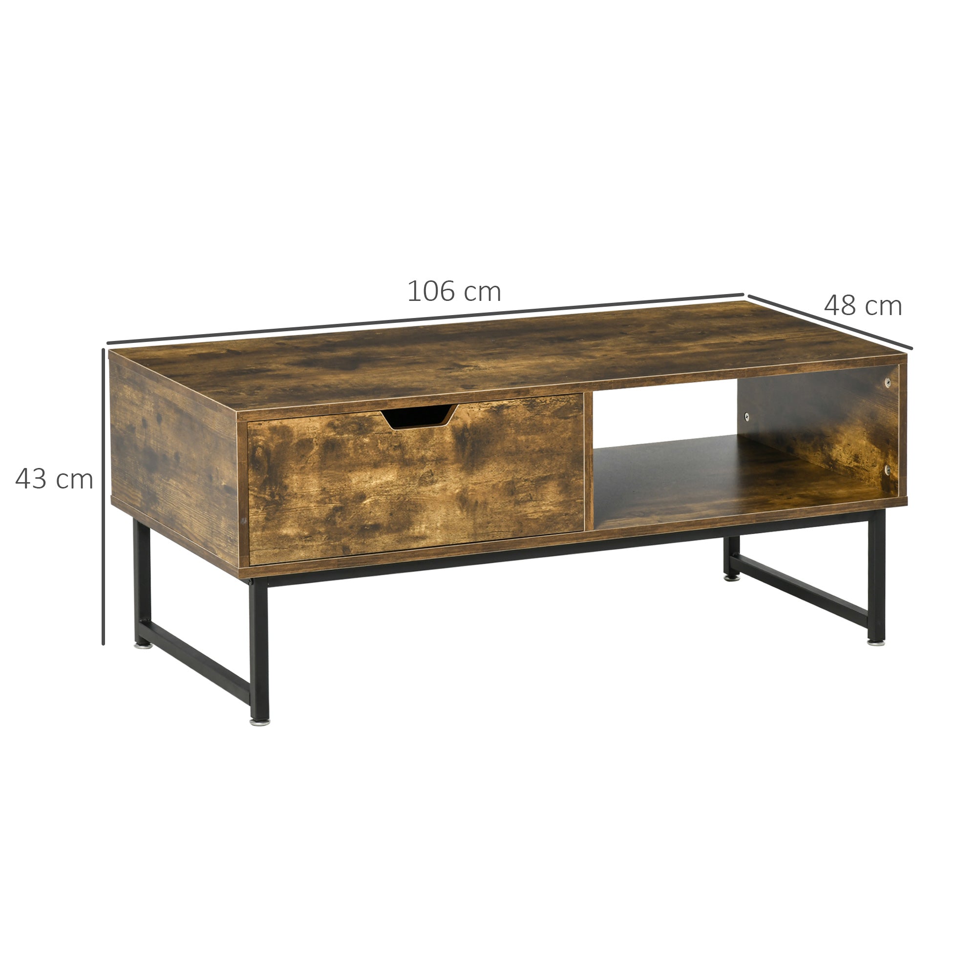 HOMCOM Industrial Coffee Table, Centre Table with Storage Shelf, Drawer and Metal Frame, Coffee Tables for Living Room, Office, 106W x 48D x 43H cm, Rustic Brown 