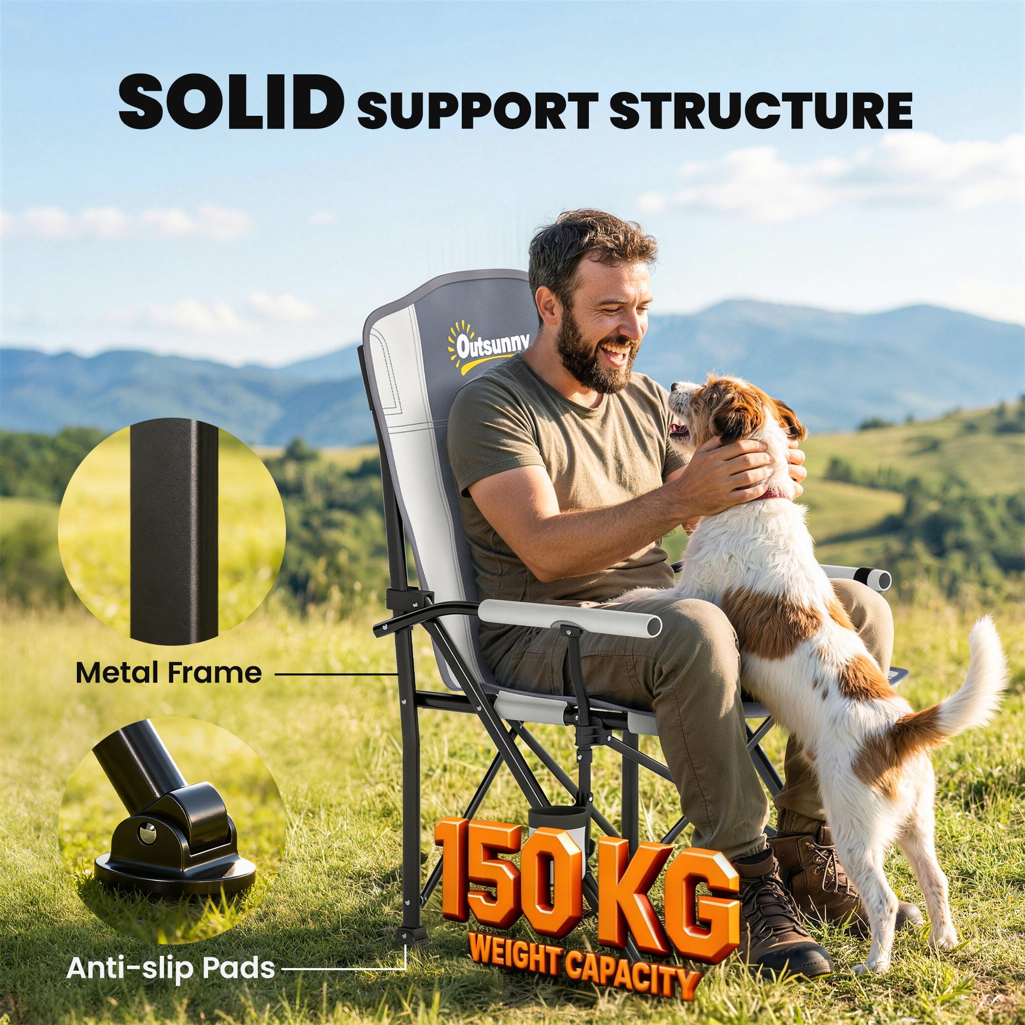 Outsunny Padded Camping Chair Adults Heavy Duty Folding Chair Side Pocket Cup Holder Carry Bag Outdoor Light Grey 