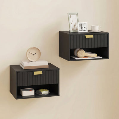 HOMCOM Set of 2 Wall Mounted Nightstands, Floating Bedside Tables with Fluted Drawer and Open Shelf for Small Bedroom, Black 