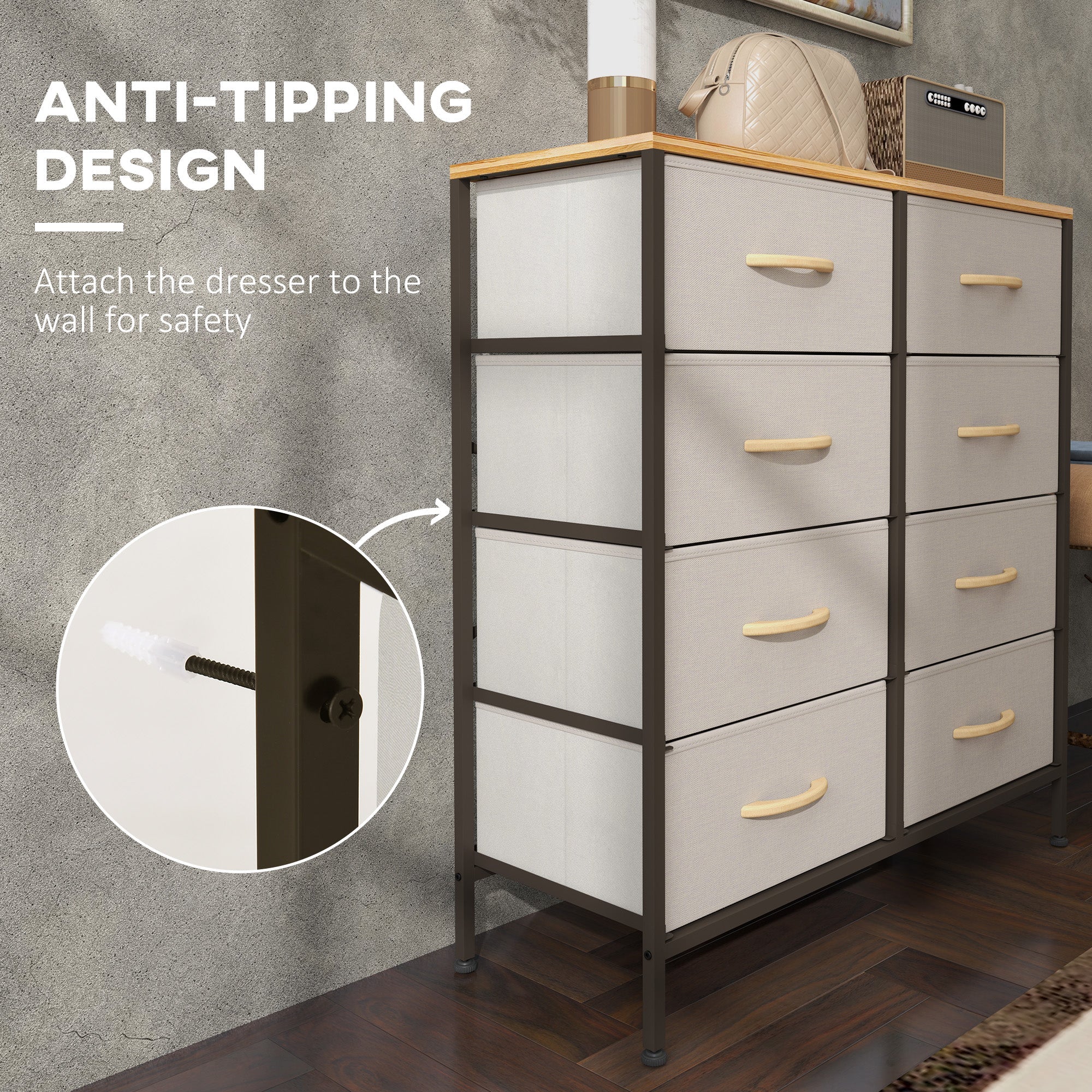 HOMCOM Fabric Chest of Drawers, Storage Drawers, Industrial Bedroom Dresser with 8 Fabric Drawers, Steel Frame and Wooden Top for Nursery, Living Room, Hallway, Cream White 