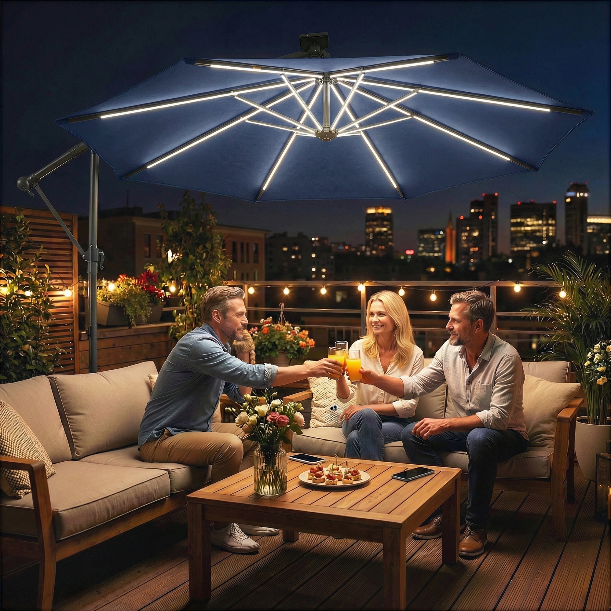 Outsunny 3 m Garden Cantilever Parasol with LED Solar Light, Round Overhanging Umbrella with 360° Rotation, Cover, Navy Blue 