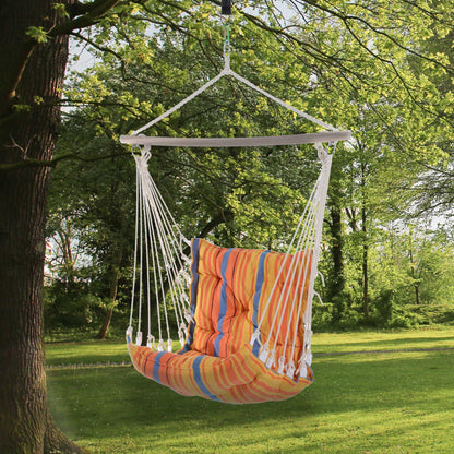 Outsunny Outdoor Hanging Rope Chair with Soft Padded Seat & Backrest, Garden Hammock Chair with Wooden Support Bar Cotton Cloth, Portable Garden Chair for Patio & Tree, Orange 