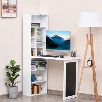 HOMCOM Wall Mounted Computer Desk, Folding Study Table with Black Board and Bookshelf, Multifunctional Floating Writing Desk for Home Office, White 
