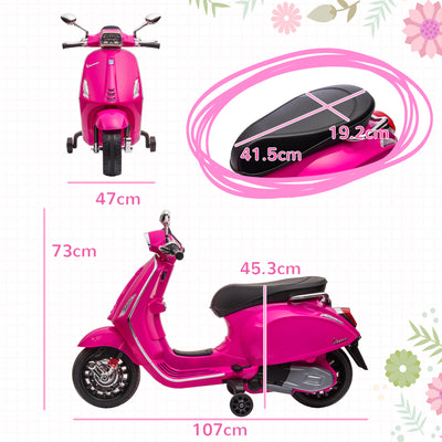 AIYAPLAY 12V Vespa Licensed Kids Electric Motorbike w/ Music, Headlights, FM Radio, for 3-6 Years - Pink 