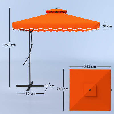 Outsunny 2.5m Cantilever Parasol with Easy Lever, Square Double Top Garden Parasol Umbrella with Ruffles and Cross Base, Overhanging Outdoor Sun Shades, Orange 