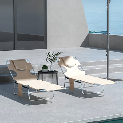 Outsunny Foldable Sun Lounger Set of 2, Beach Chaise Lounges with Reading Hole, Arm Slots, 5-Position Adjustable Backrest, Side Pocket, Pillow for Patio, Garden, Beach, Pool, Beige 