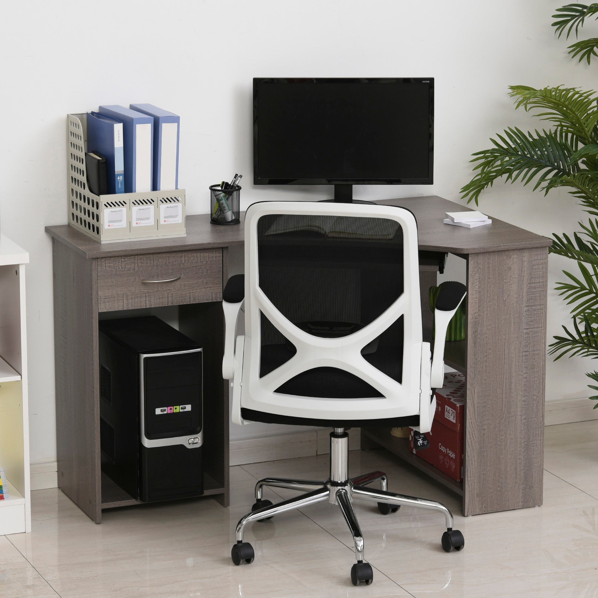 HOMCOM L-Shaped Corner Computer Desk w/ 2 Shelves Wide Worktop Keyboard Tray Drawer & CPU Stand Home Office Study Bedroom Furniture Grey 