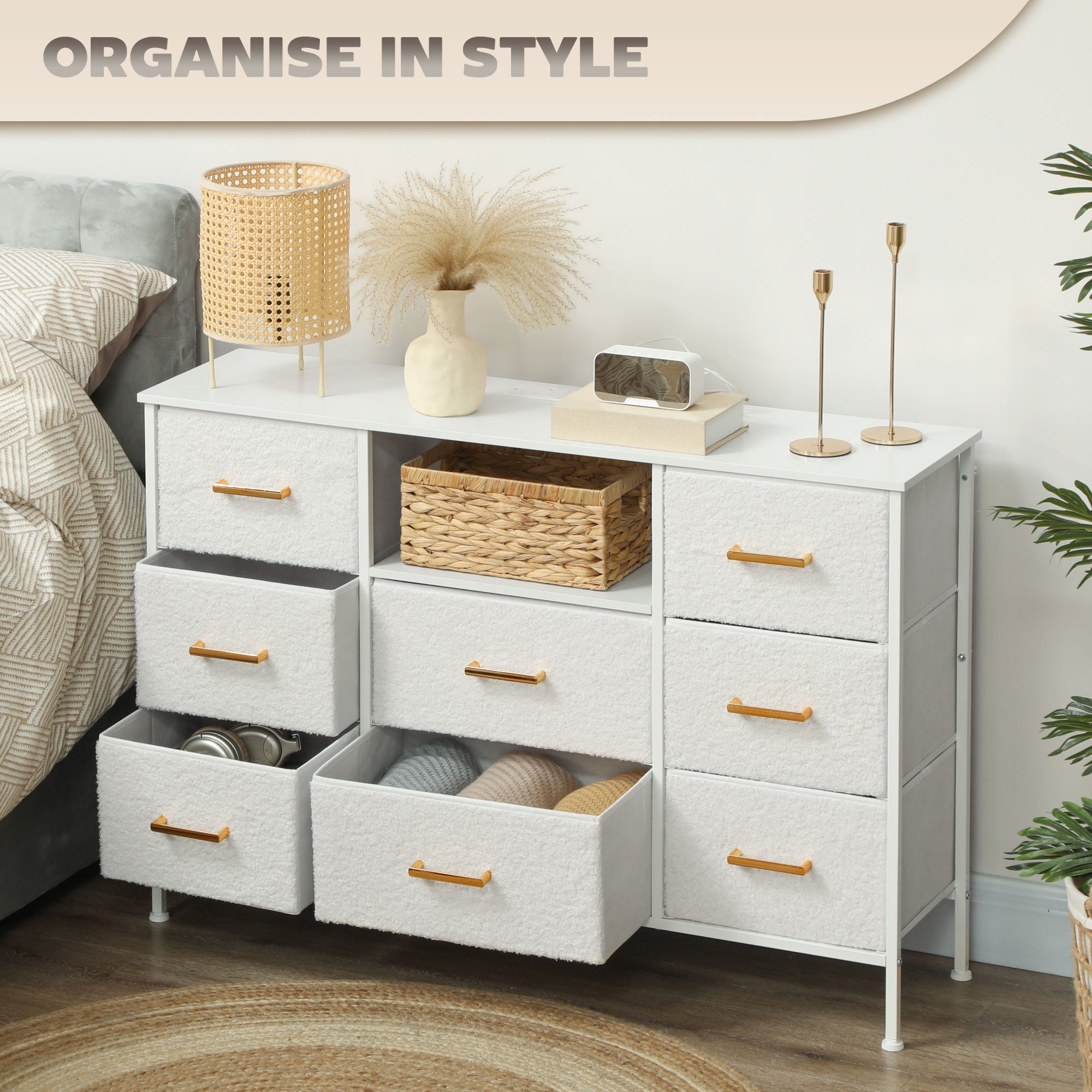 HOMCOM Boucle Chest of Drawers, 8 Fabric Drawers Storage Organiser with Charging Station, 2 USB and 2 AC Ports, Steel Frame, Fabric Dresser for Living Room, Bedroom, Hallway, Cream White 