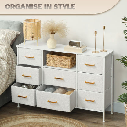 HOMCOM Boucle Chest of Drawers, 8 Fabric Drawers Storage Organiser with Charging Station, 2 USB and 2 AC Ports, Steel Frame, Fabric Dresser for Living Room, Bedroom, Hallway, Cream White 