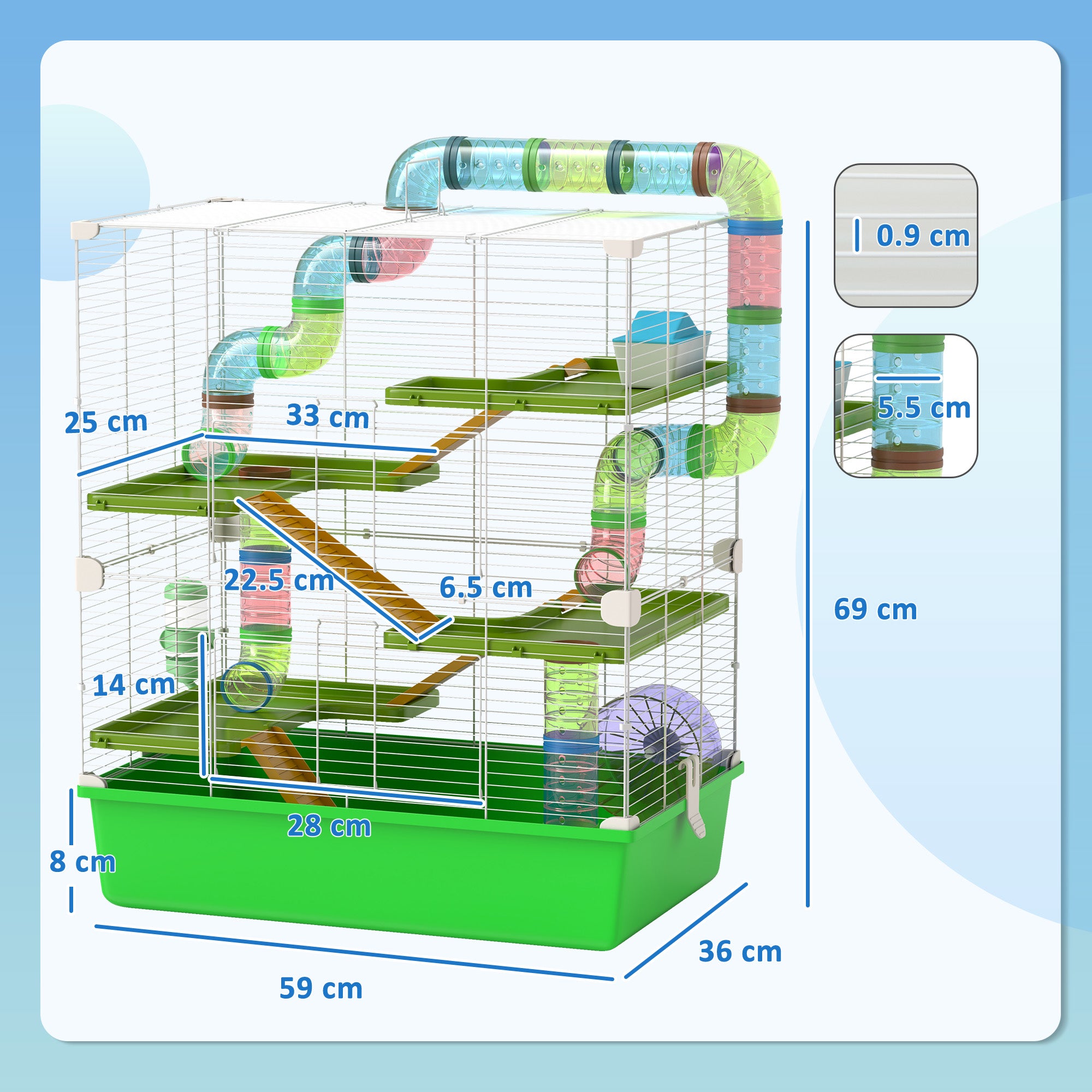 PawHut Hamster Cage w/ Water Bottle, Exercise Wheel, Tubes, Ramps - Green 