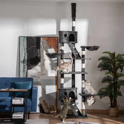 PawHut Floor-to-Ceiling Cat Tree for Indoor Cats, 240-260cm Adjustable Cat Tree - Dark Grey 