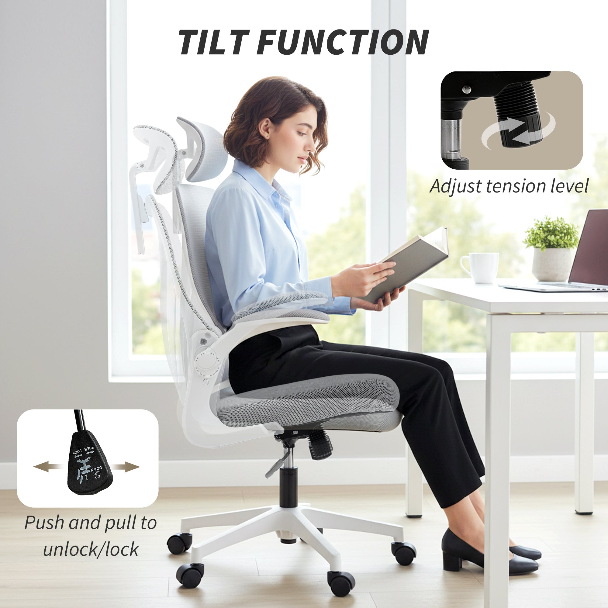 HOMCOM Ergonomic Office Chair with Foldable Backrest, 2D Headrest - Light Grey 