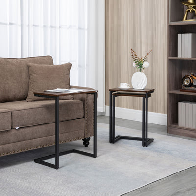 HOMCOM Nesting Side Tables Set of 3, C-Shaped Snack Side Tables with Steel Frame for Sofa Couch and Bed, Rustic Brown 